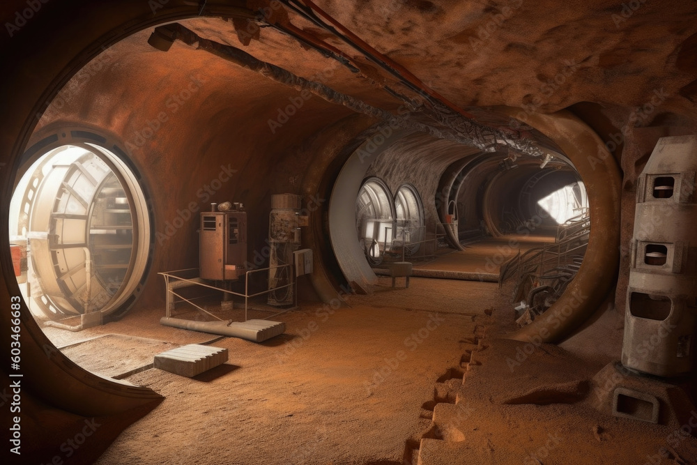 Poster mars colonization, space planet colony underground for protection from radiation. research base in c