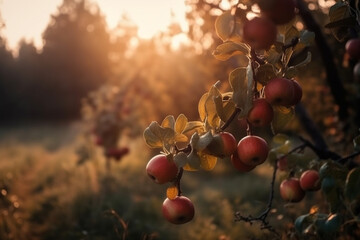 Ripe organic apple fruits on tree in orchard, natural sunlight, blur background. Generative AI