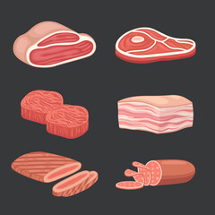 Meat vector set collection. Meat illustration bundle. Cartoon raw meat. Bacon, steak and beef minced meat.