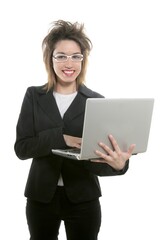 Beautiful businesswoman with white glasses and laptop computer at studio