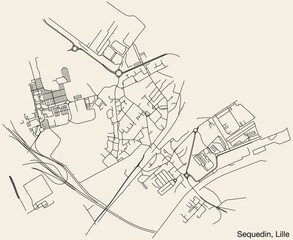 Detailed hand-drawn navigational urban street roads map of the SEQUEDIN QUARTER of the French city of LILLE, France with vivid road lines and name tag on solid background
