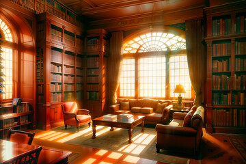 Living room with lots of books, golden light, big windows, highly detailed. Generative AI - 603467639