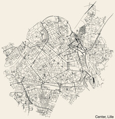 Fototapeta na wymiar Detailed hand-drawn navigational urban street roads map of the CENTER QUARTER of the French city of LILLE, France with vivid road lines and name tag on solid background