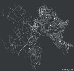 Detailed hand-drawn navigational urban street roads map of the LILLE-6 CANTON of the French city of LILLE, France with vivid road lines and name tag on solid background