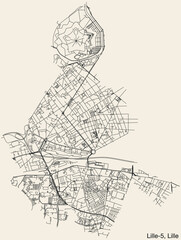 Naklejka premium Detailed hand-drawn navigational urban street roads map of the LILLE-5 CANTON of the French city of LILLE, France with vivid road lines and name tag on solid background