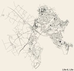 Obraz premium Detailed hand-drawn navigational urban street roads map of the LILLE-6 CANTON of the French city of LILLE, France with vivid road lines and name tag on solid background