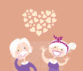 Grandmother and grandfather in love. Vector vintage illustration.