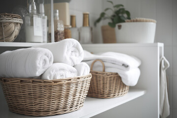 Fototapeta na wymiar Stack of towels on bathroom countertop. Generative AI