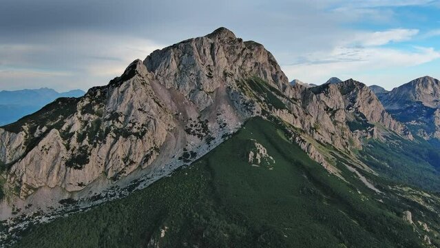 Aerial view of Maglic Mountain in National park Sutjeska. The highest mountain of Bosnia and Herzegovina, beautiful landscape at sunset, 4k