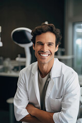 Captivating illustration/picture of a male Doctor/Dentist smiling while in his professional environment.