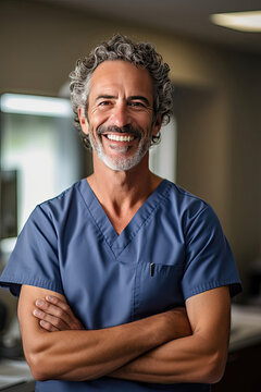 Captivating illustration/picture of a male Doctor/Dentist smiling while in his professional environment.