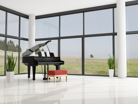 grand piano in a modern minimalist living room - rendering - the image on background is a my photo