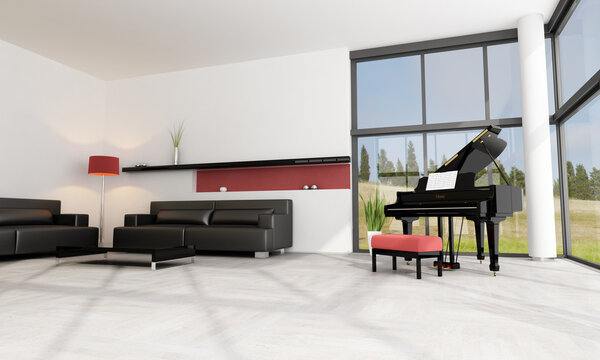 luxury living room with black grand piano - rendering - the image on background is a my photo