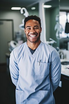 Captivating illustration/picture of a male Doctor/Dentist smiling while in his professional environment.
