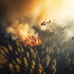 Fototapeta na wymiar A helicopter dropping water on a wildfire in rugged terrain, backlit by a setting sun filtered through multiple layers of smoke. Generative AI