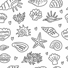 A pattern of different shells, hand-drawn in the style of doodles