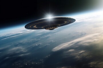 Obraz na płótnie Canvas Mysterious UFO Enigmatic Approach from Space. Generative AI