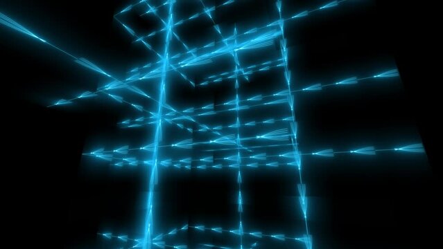 modern scifi neon lights lines animation with path beams rays and black background camera spinning around