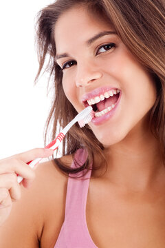 advertisement of cute girl brushing her teeth on isolated white backround