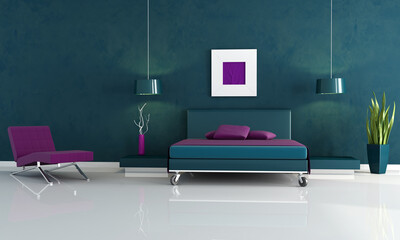 modern blue bedroom wiyh double bed and chaise lounge