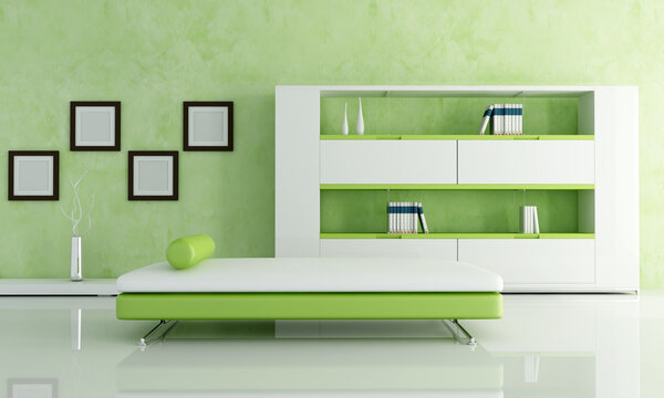 green and white living room with modern bookcase -rendering
