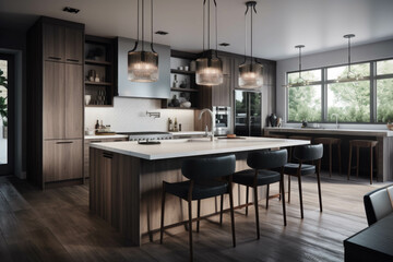 A contemporary and open-concept kitchen and dining area with a large center island, barstools, and pendant lights for a social and functional space. Generative AI