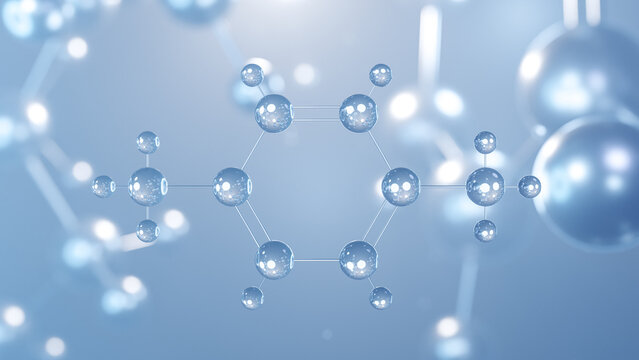 p-xylene molecular structure 3d, flat model, para-xylene, structural chemical formula view from a microscope