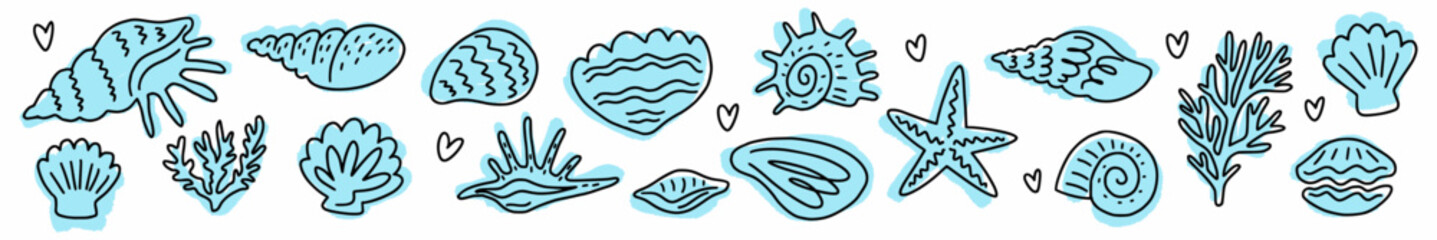 Vector horizontal pattern of seashells hand-drawn in doodle style