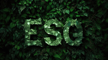 Die Buchstaben ESG aus grünen Blättern. Stehend für Environmental, Social and Governance- ein Regelwerk zur Bewertung für nachhaltige, ethische Praxis in Unternehmen. (Generative AI) - obrazy, fototapety, plakaty
