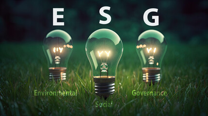 Drei Glühbirnen auf einer grünen Wiese mit dem Text ESG (Environmental, Social and Governance) - ein Regelwerk zur Bewertung für nachhaltige, ethische Praxis in Unternehmen. (Generative AI) - obrazy, fototapety, plakaty