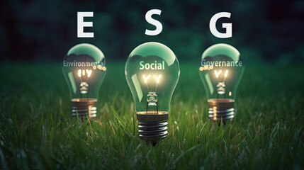 Drei Glühbirnen auf einer grünen Wiese mit dem Text ESG (Environmental, Social and Governance) - ein Regelwerk zur Bewertung für nachhaltige, ethische Praxis in Unternehmen. (Generative AI) - obrazy, fototapety, plakaty