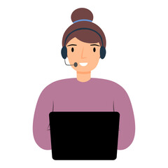 The girl answers the call, the operator of the contact center is at the computer