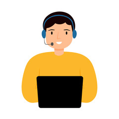 Man contact center operator, operator answers the call,  customer support service