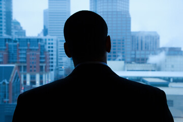 Fototapeta na wymiar Rear view of an African-American businessman looking out of a window at the city in the distance. Horizontal shot.
