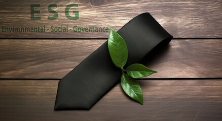 Schwarze Krawatte mit grünen Blättern und dem Text ESG (Environmental, Social and Governance) - Regelwerk zur Bewertung für nachhaltige, ethische Praxis in Unternehmen. (Generative AI) - obrazy, fototapety, plakaty