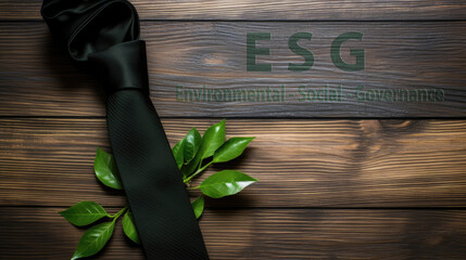 Schwarze Krawatte mit grünen Blättern und dem Text ESG (Environmental, Social and Governance) - Regelwerk zur Bewertung für nachhaltige, ethische Praxis in Unternehmen. (Generative AI) - obrazy, fototapety, plakaty