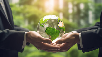 Geschäftsmänner halten eine Weltkugel mit Naturgrün, symbolisch für Environmental, Social and Governance (ESG) - Regelwerk zur Bewertung für nachhaltig, ethische Praxis in Unternehmen.(Generative AI) - obrazy, fototapety, plakaty