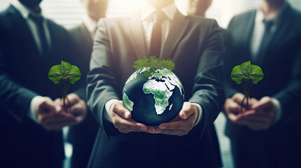 Geschäftsmänner halten eine Weltkugel mit Naturgrün, symbolisch für Environmental, Social and Governance (ESG) - Regelwerk zur Bewertung für nachhaltig, ethische Praxis in Unternehmen.(Generative AI) - obrazy, fototapety, plakaty
