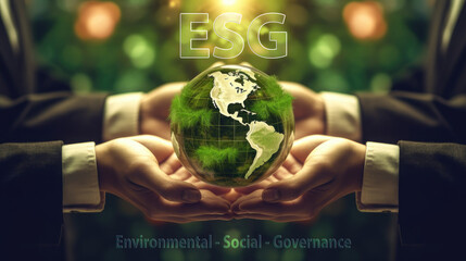 Geschäftsmänner im Anzug halten eine Weltkugel in den Händen, symbolisch für eine nachhaltige und ethische Praxis von Unternehmen nach ESG (Environmental, Social and Governance). 
(Generative AI) - obrazy, fototapety, plakaty