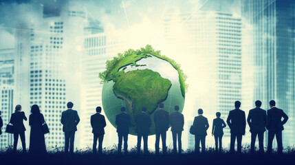 Geschäftsleute und eine Weltkugel mit Naturgrün, symbolisch für Environmental, Social and Governance (ESG) - Regelwerk zur Bewertung für nachhaltig, ethische Praxis in Unternehmen.(Generative AI) - obrazy, fototapety, plakaty