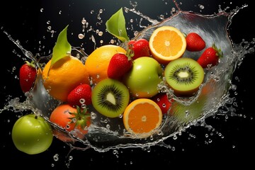 Fototapeta na wymiar Refreshing Fruit Splash Oranges, Kiwis, Apples, Grapes. Generative AI