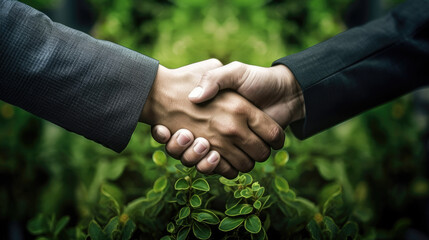 Handschlag von Geschäftsmännern vor Naturhintergrund, symbolisch für Environmental, Social and Governance (ESG) - Regelwerk zur Bewertung für nachhaltig, ethische Praxis in Unternehmen.(Generative AI)