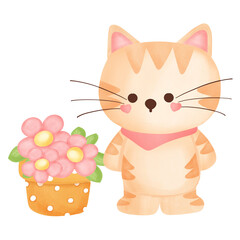 cat with a basket of flowers