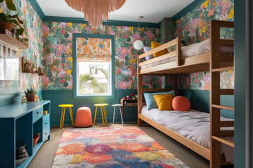 A colorful and playful children's bedroom with bunk beds, a vibrant wallpaper, and a dedicated play area for endless fun. Generative AI