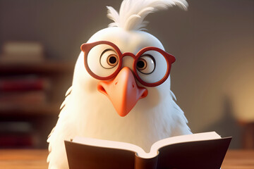 Cartoon white funny chicken with glasses reading book. Student and learning, self-development. Generative AI, illustration