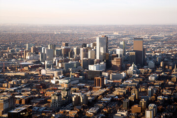 Aerial view of the Denver Colorado cityscape on a hazy day. Horizontal shot.