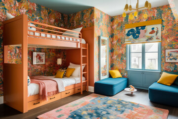 A colorful and playful children's bedroom with bunk beds, a vibrant wallpaper, and a dedicated play area for endless fun. Generative AI