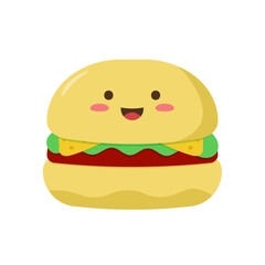 Smiling Kawaii. Hamburger. Isolated on a white background. Vector illustration in flat cartoon style.