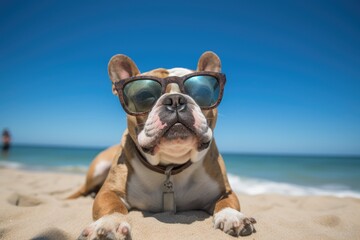 Fototapeta na wymiar Funny Dog at the beach - Vacation - Illustration created with generative ai