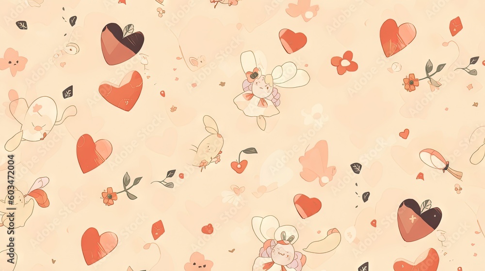 Poster a pattern of hearts and teddy bears on a beige background with a red heart on the left side of the i